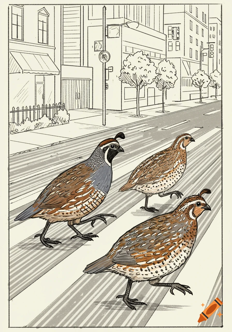 Line drawing illustration of three quails walking across a city street crosswalk.
