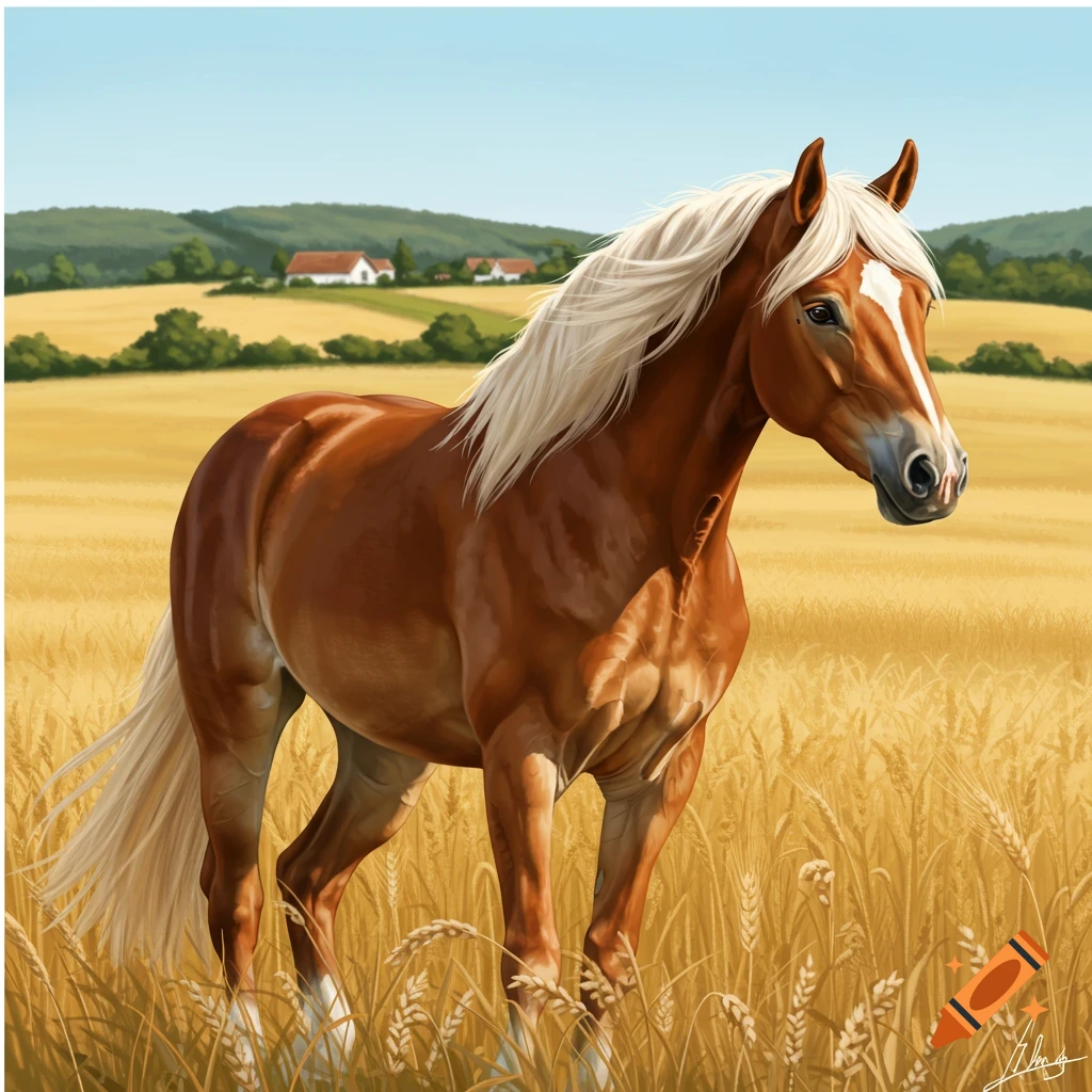 A brown Haflinger horse standing in a golden wheat field