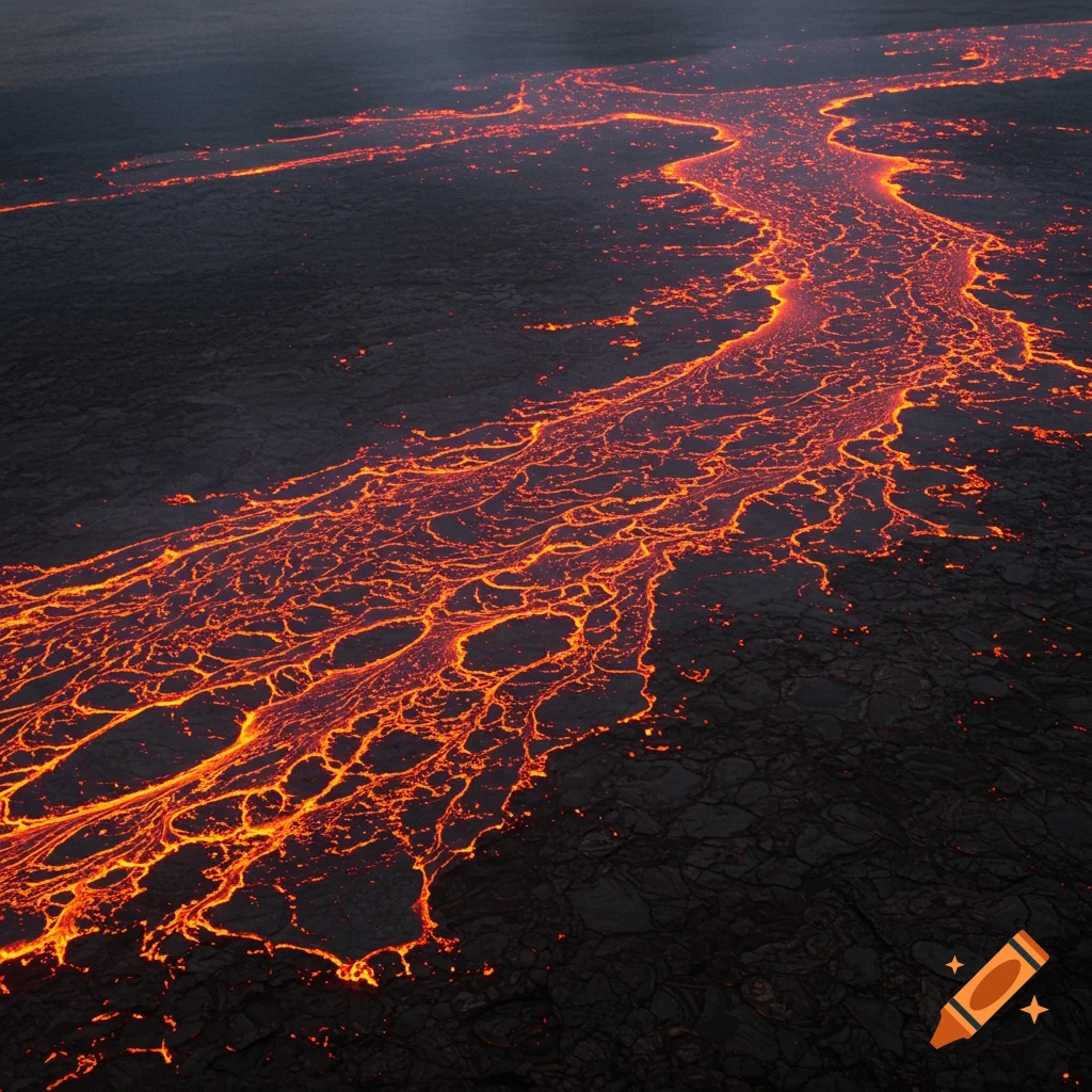 Aerial view of glowing orange lava river flowing across dark rocky ground.