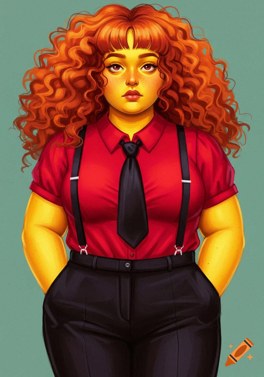 Portrait of a person with orange curly hair, yellow skin, wearing a red shirt, black tie, and black pants with suspenders.