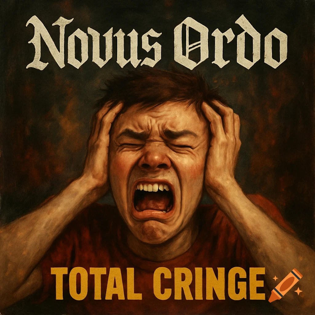 Image of a person screaming and holding their head, with text Novus Ordo and TOTAL CRINGE.