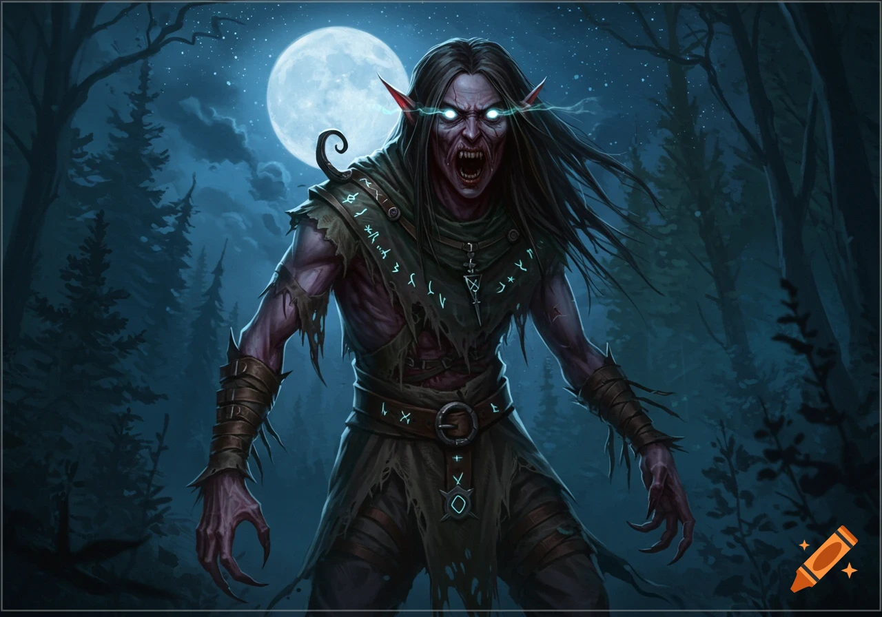 Snarling fantasy creature resembling an insane elf or vampire in a dark forest under a full moon.
