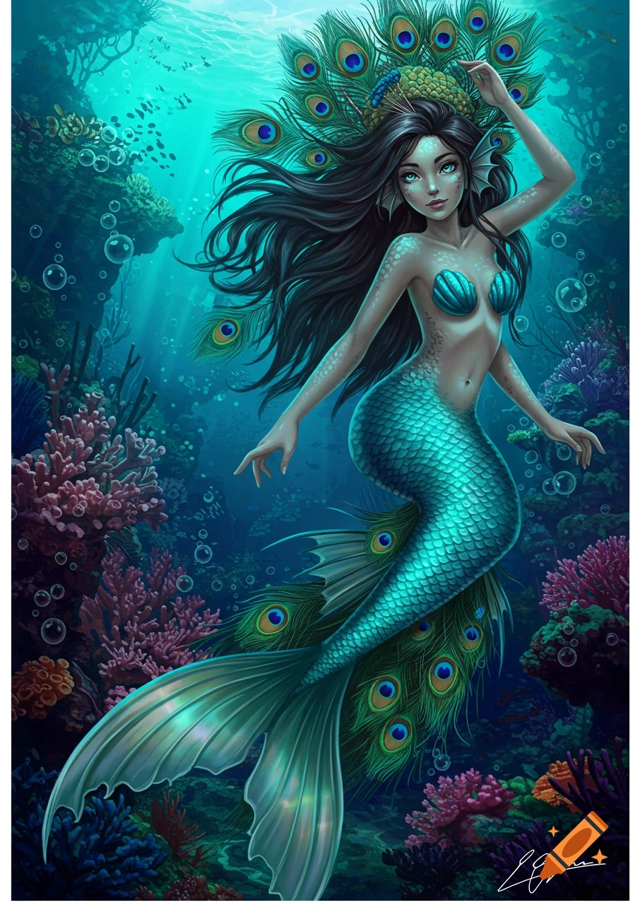 A peacock mermaid swims underwater among coral.