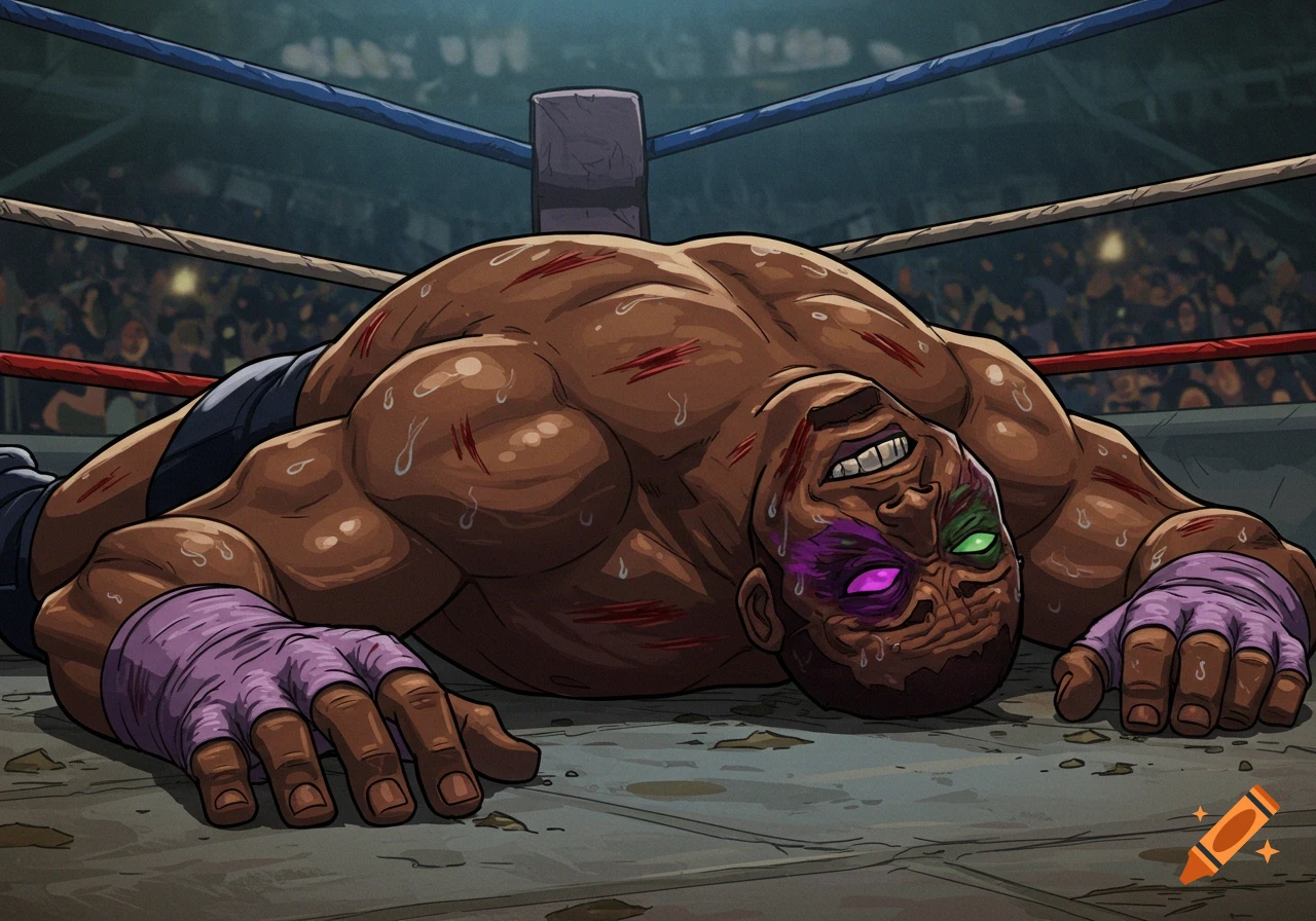 An injured wrestler is lying unconscious in a ring.