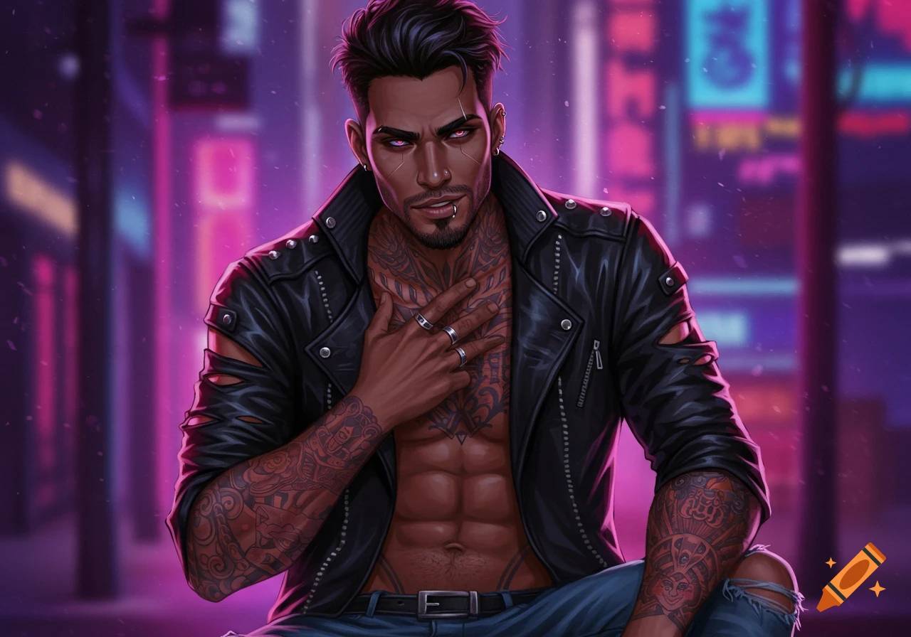 A tattooed man in a leather jacket stands against a neon city background.