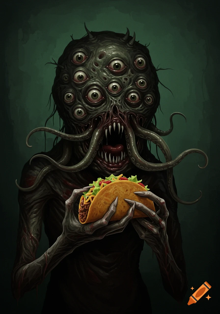 A multi-eyed monster with tentacles holding a taco.