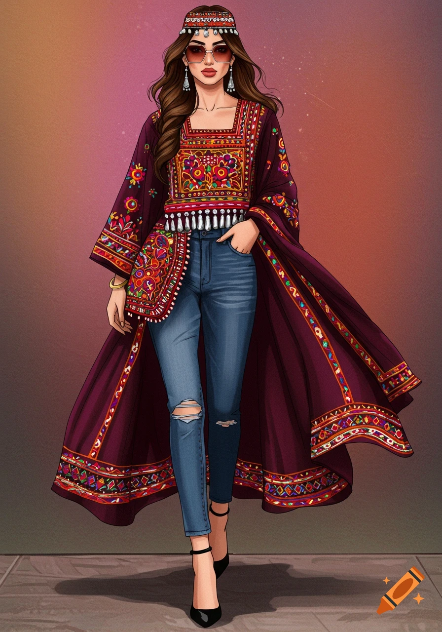 Digital illustration of a woman in a long purple robe with embroidery over ripped jeans and heels.