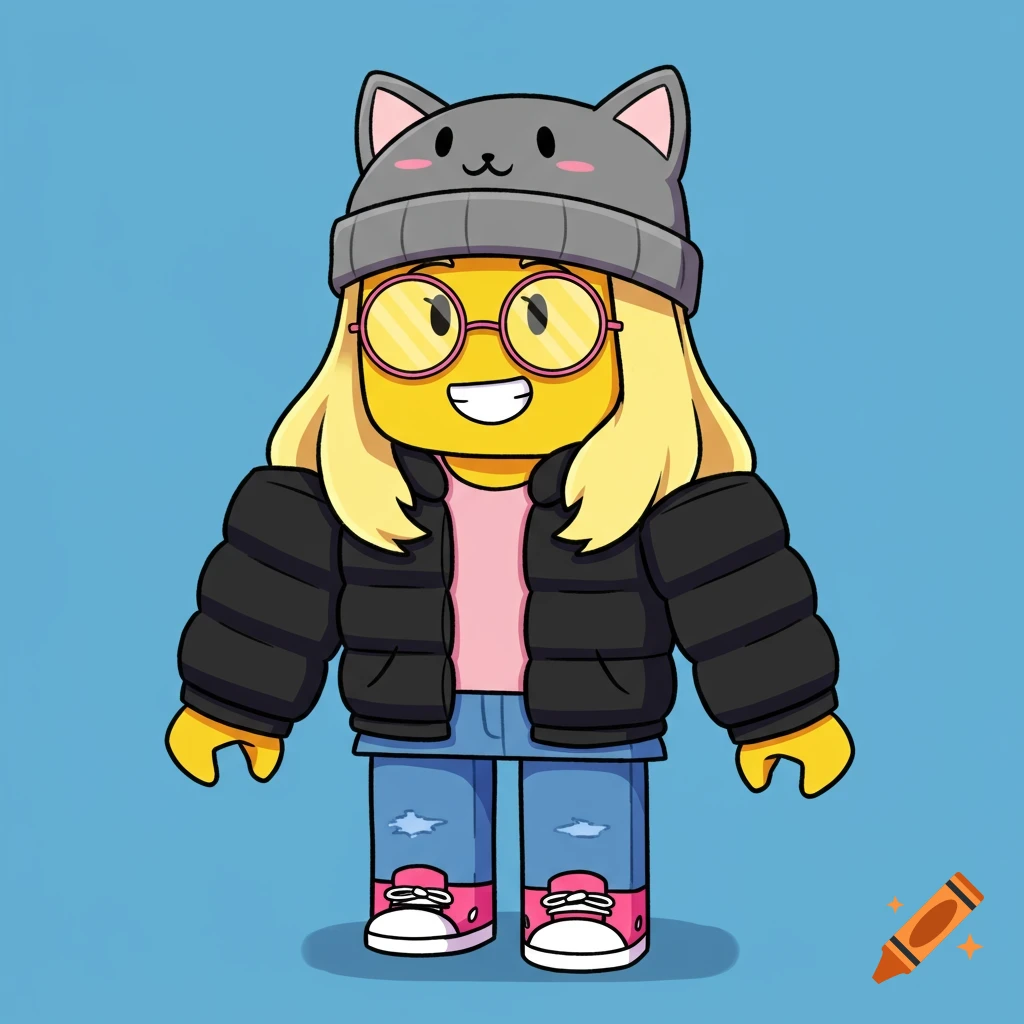 A cartoon Roblox-style character with a yellow head, blonde hair, cat beanie, puffer jacket, jeans, and pink shoes.