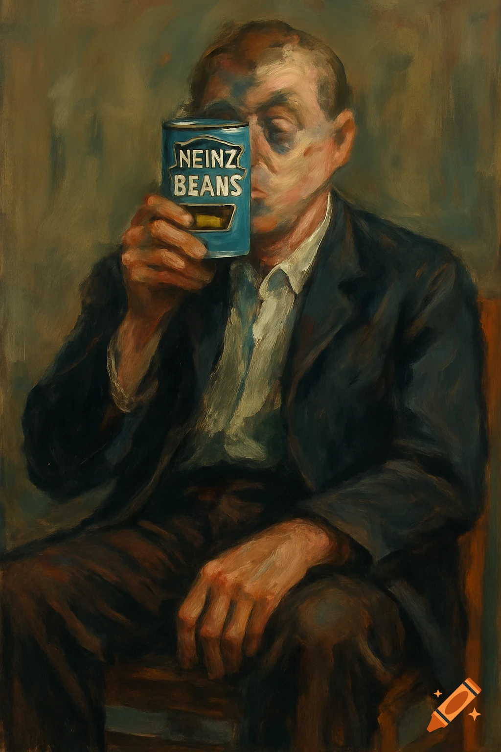 Painting of a man holding a can of beans in front of his face, in a distorted style reminiscent of Francis Bacon.
