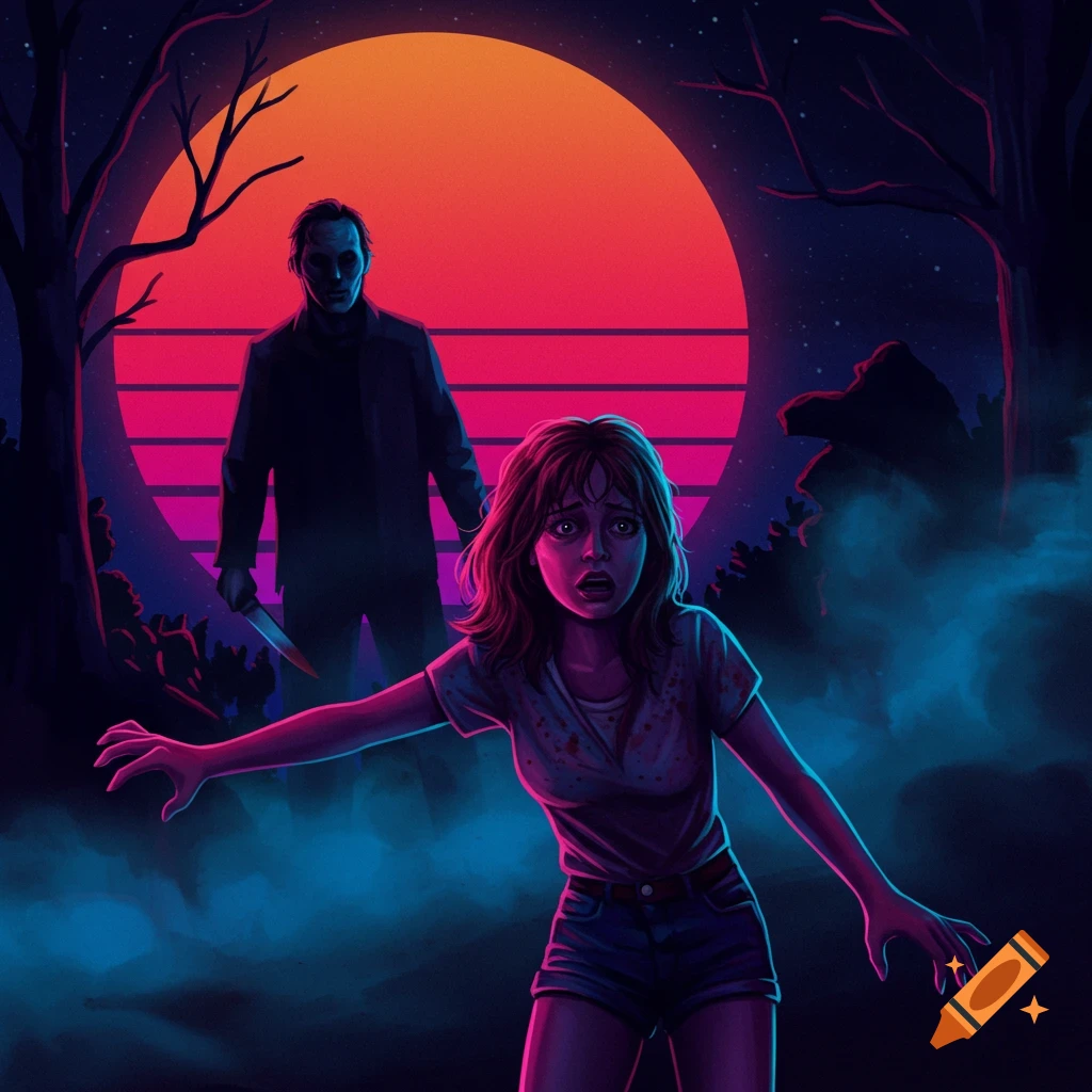 A slasher is chasing a scared person in a forest under a retro sunset.