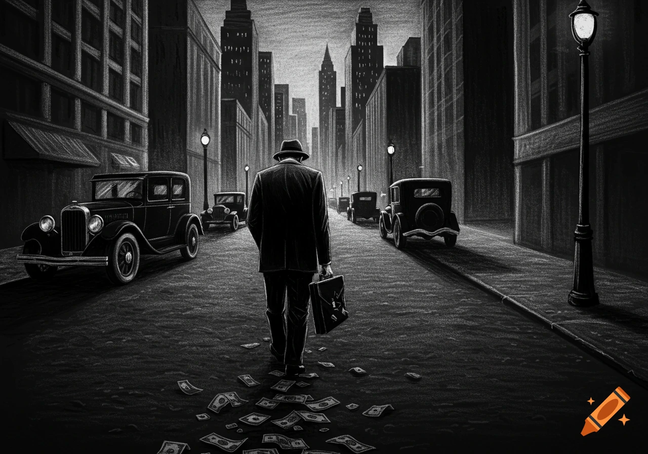Chalk art of a man in a hat walking down a city street with money trailing behind him.