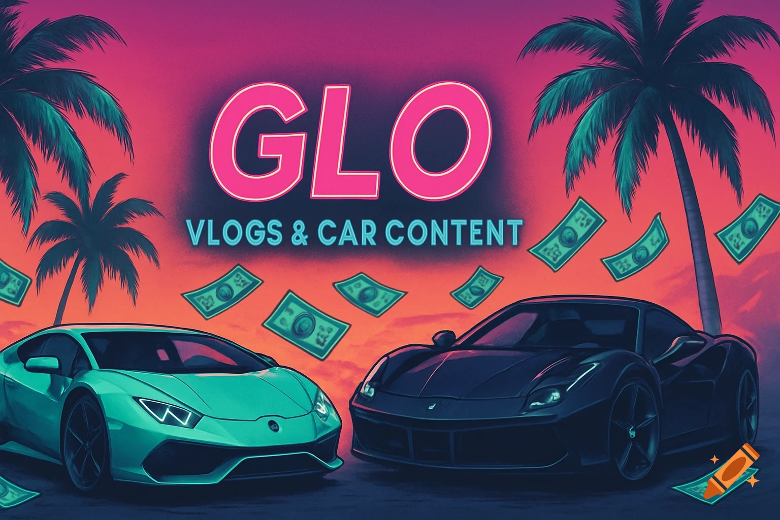 Digital art of sports cars, palm trees, and money with neon text 'GLO VLOGS & CAR CONTENT' against a colorful sky.