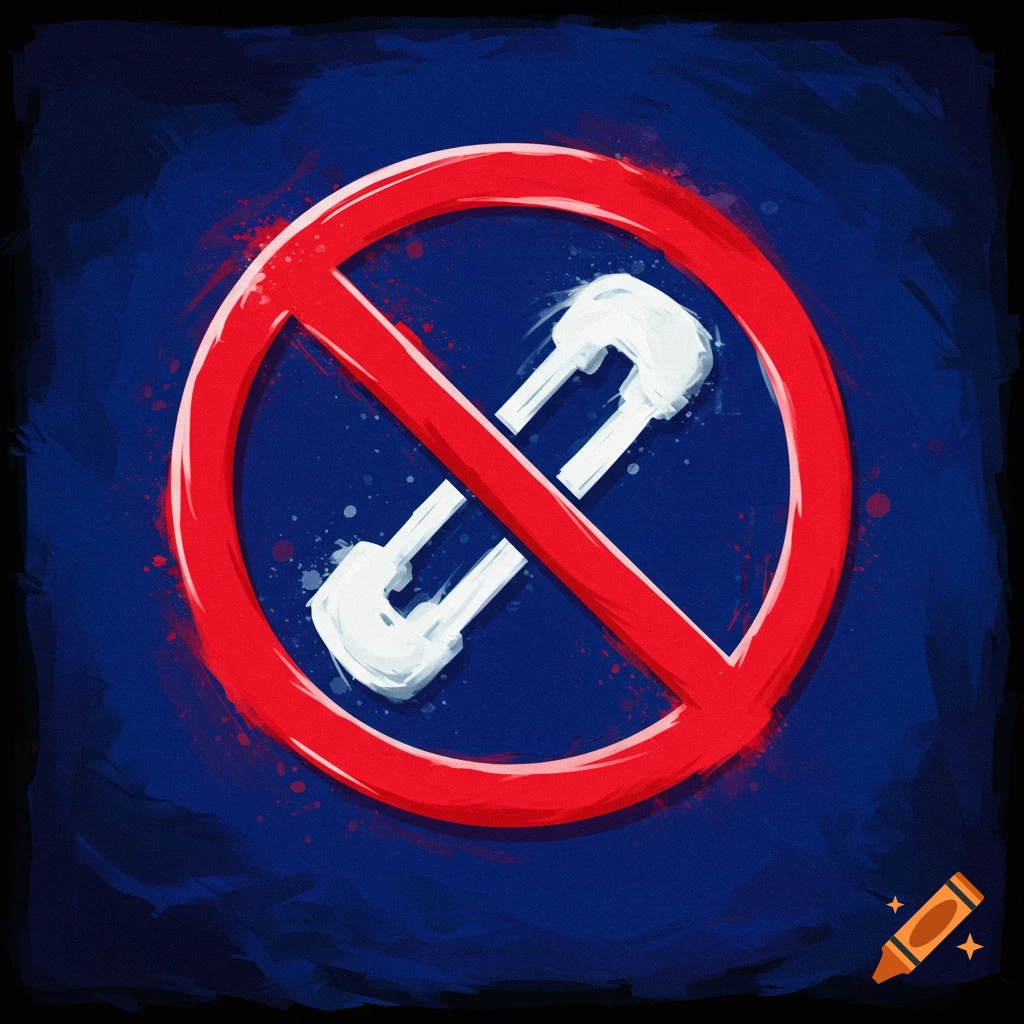 Red prohibition sign over a white safety pin symbol, on a blue background.