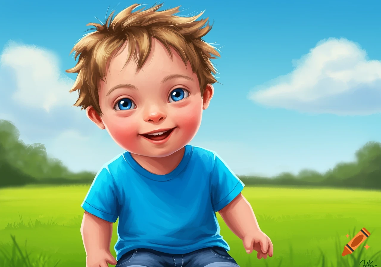 A smiling boy in a field under a blue sky.