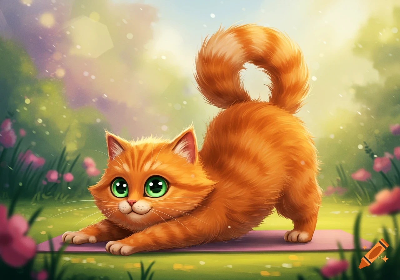 A cute orange cat stretches on a yoga mat in a sunny garden.