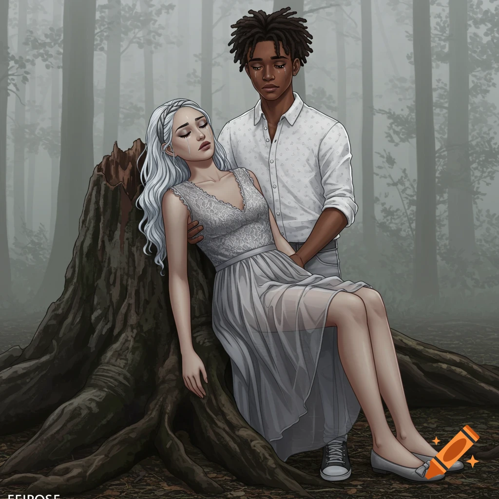 Man holds a lifeless woman in a foggy forest, digital illustration style.