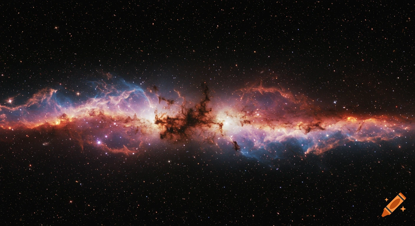 Detailed view of a vibrant red and blue cosmic nebula in space with stars.