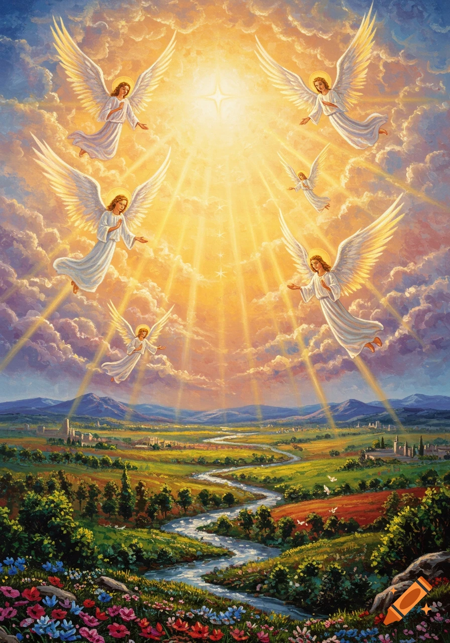 Painting of angels flying through a sunny sky above a beautiful landscape with a river.