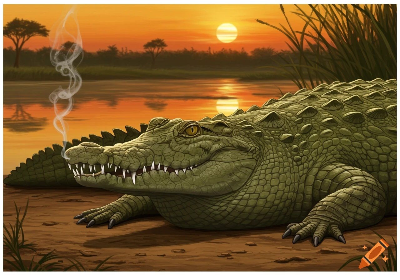 A crocodile smoking a cigarette at sunset by a river.