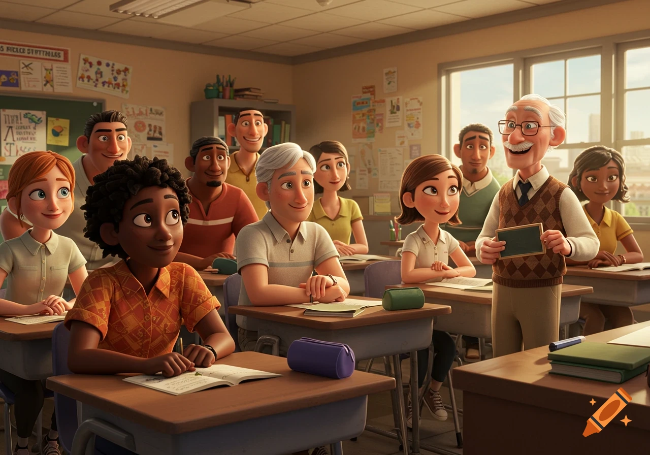 Cartoon style image of an old teacher holding a chalkboard in a classroom with adult students.