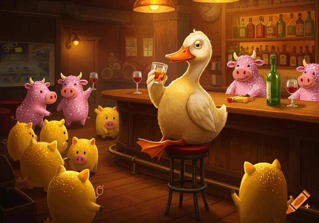 A cartoon duck is drinking at a bar with pink cows and yellow pigs.