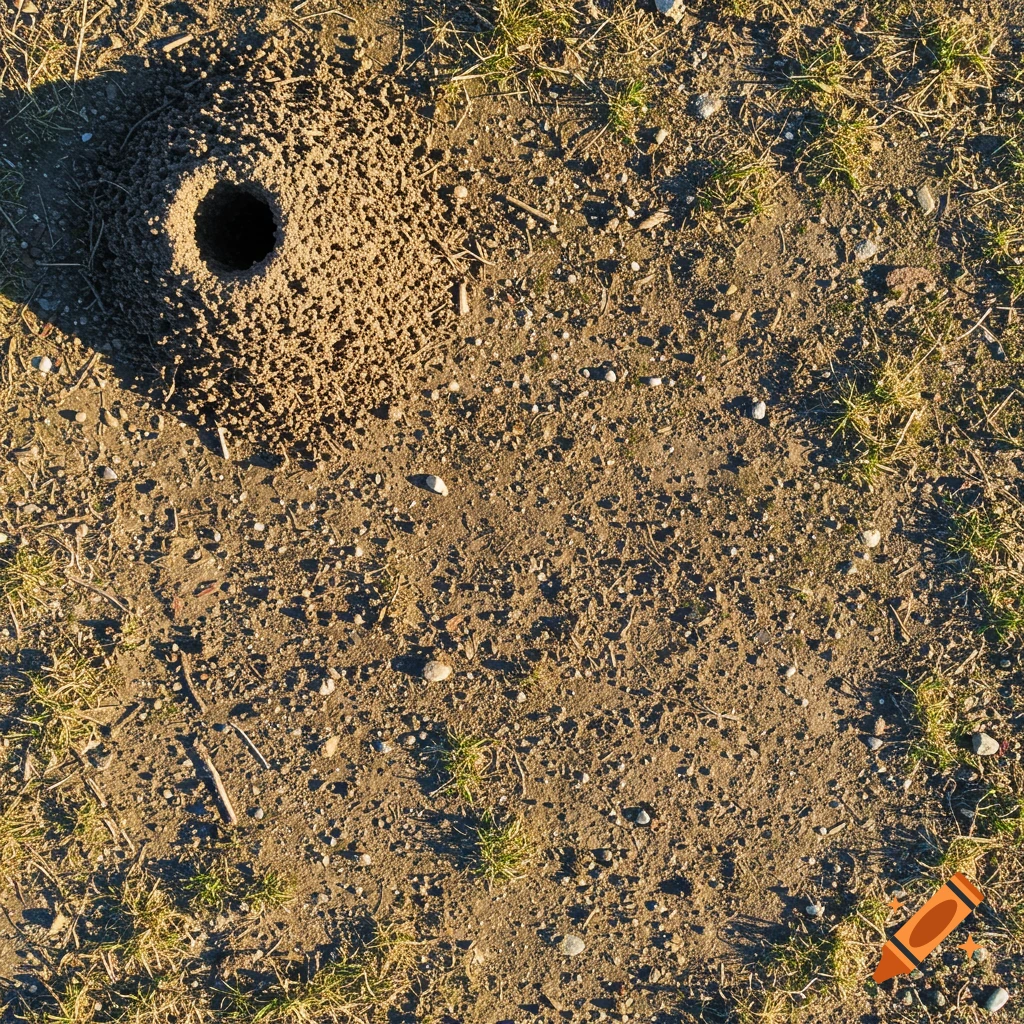 Top down view of an ant hill entrance in the ground.