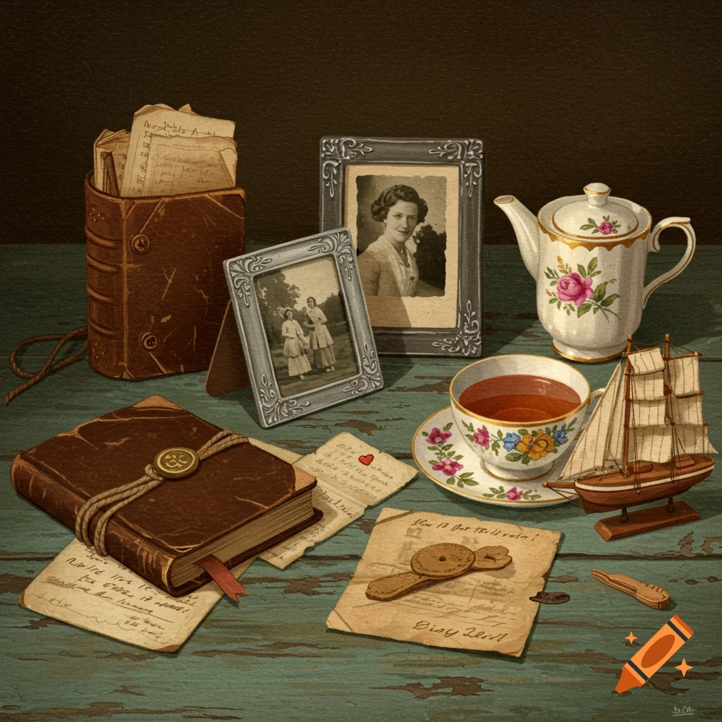 A still life of vintage keepsakes including old photos, books, papers, a tea set, and a model ship on a table.