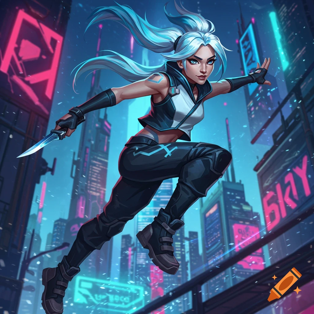 Jett from Valorant is leaping through a futuristic cyberpunk city.