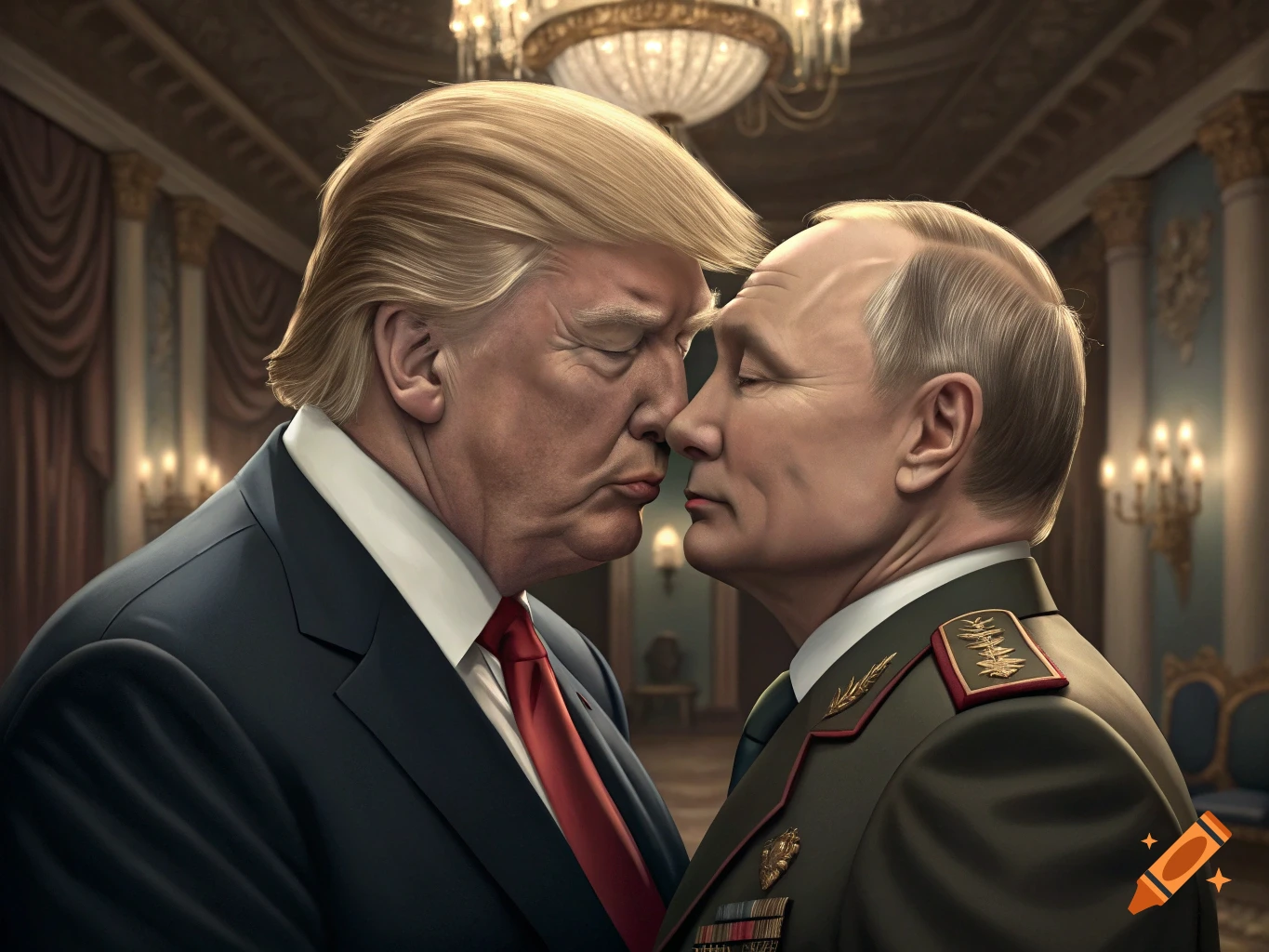 Donald Trump and Vladimir Putin in a formal setting, leaning in as if to kiss.