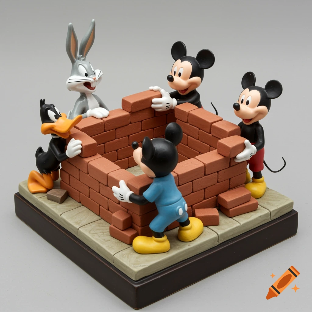 A ceramic figurine of Mickey Mouse, Bugs Bunny, and Daffy Duck building a brick wall.