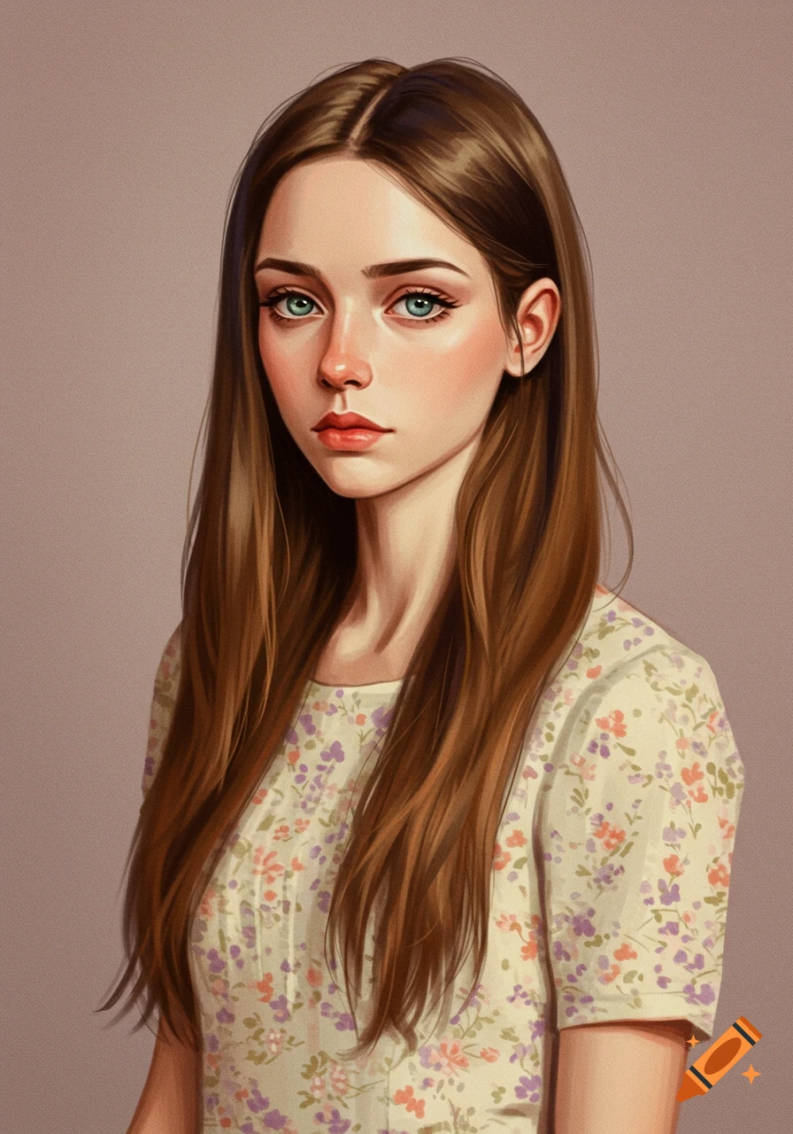 A young woman with long brown hair and blue-green eyes, wearing a floral dress.
