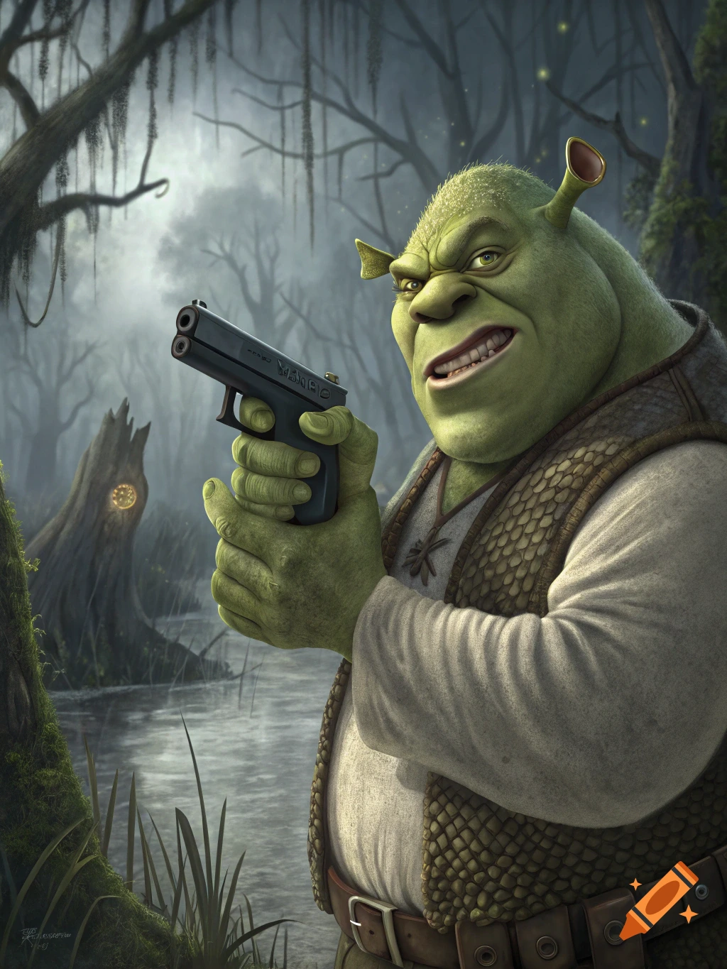 Shrek holding a pistol in a swamp.
