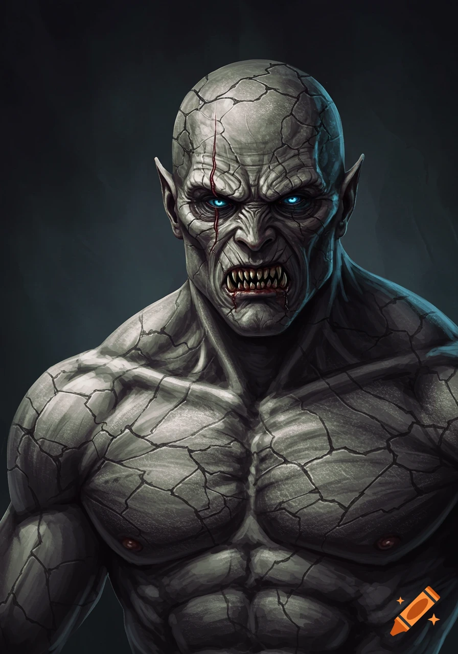 A creature with cracked gray skin, blue eyes, sharp fangs, and a scar.