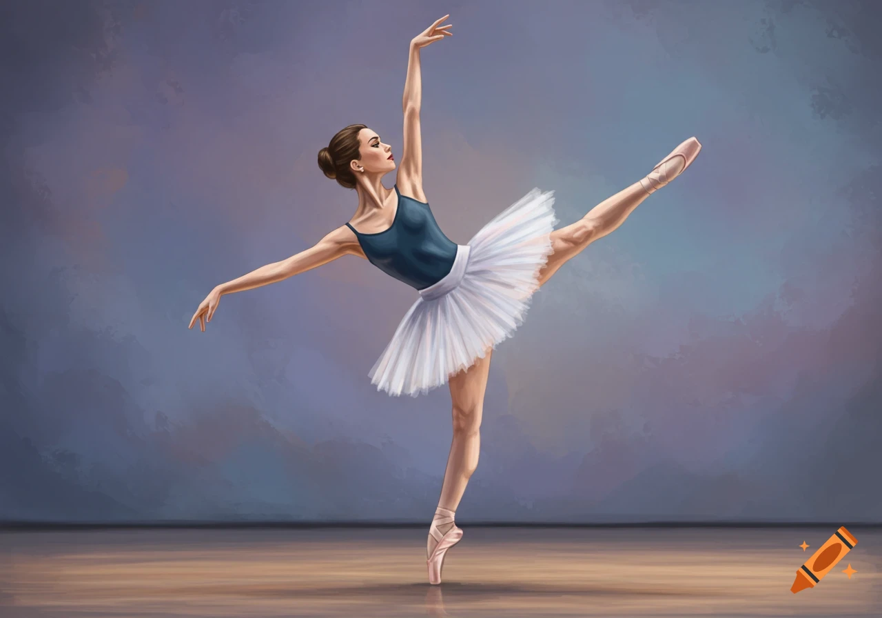 A ballerina en pointe in a dance pose on a stage.