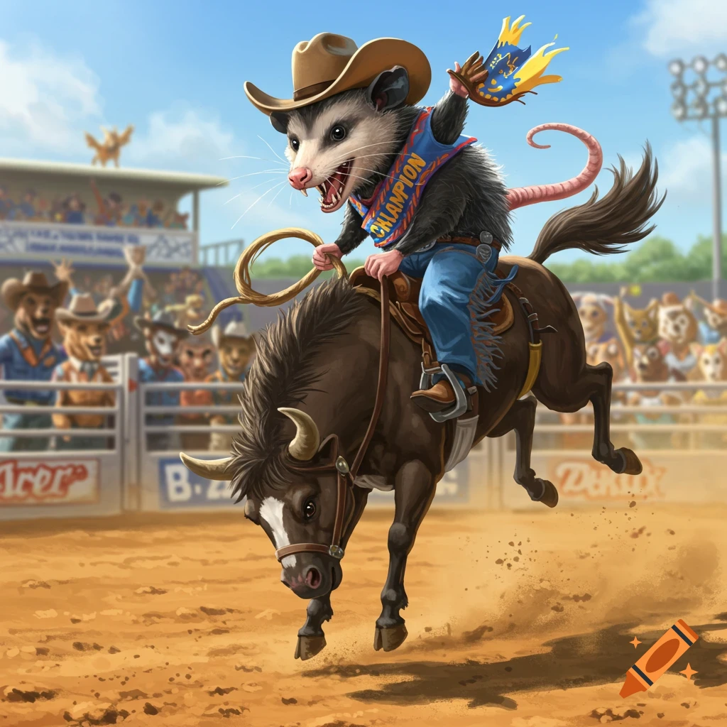 A possum in a cowboy hat and champion sash riding a bull in a rodeo.