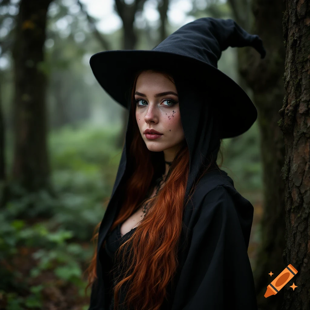 A red-haired woman dressed as a witch in a forest.