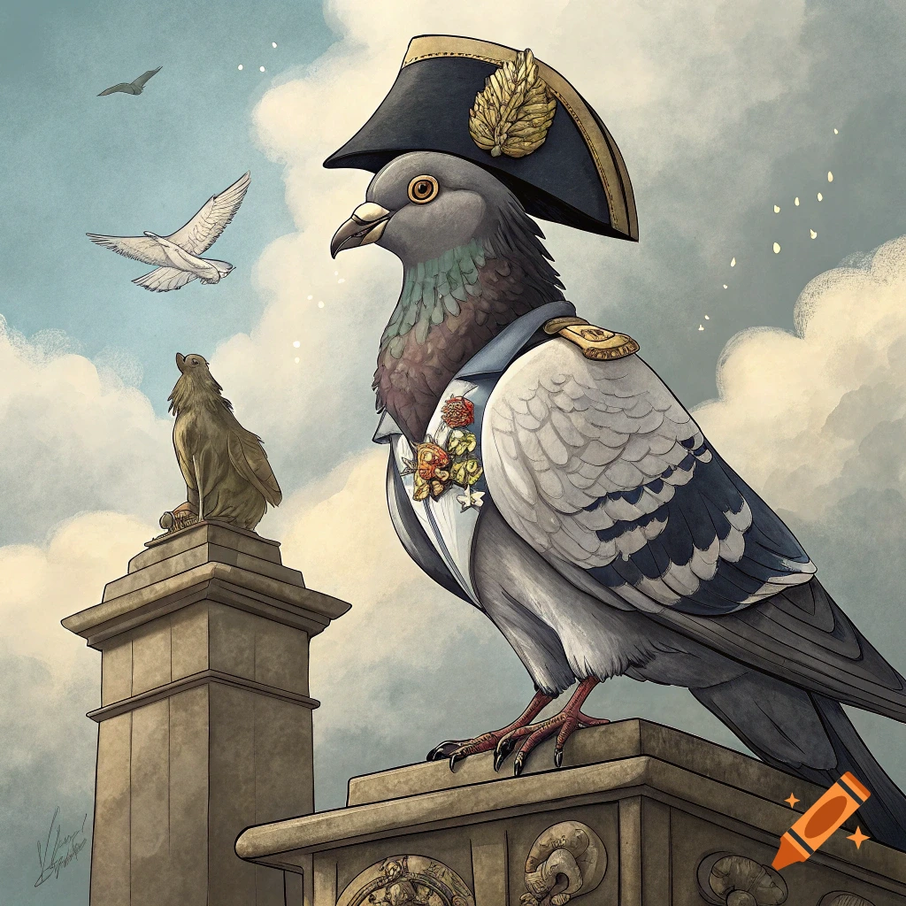 Illustration of a pigeon wearing a historical military uniform and hat, perched on a stone monument.