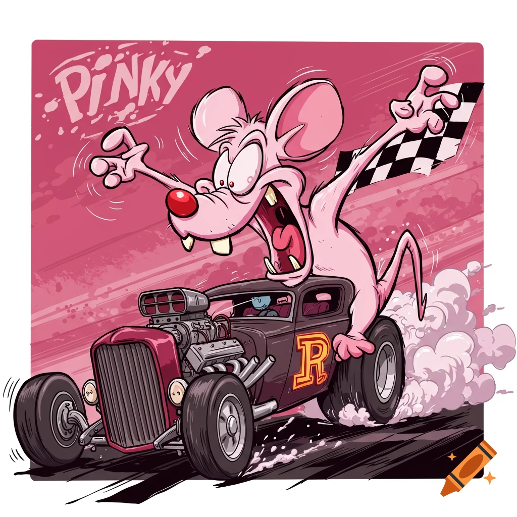 Pink cartoon mouse character driving a hot rod, waving a checkered flag.
