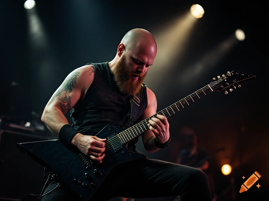 A bald man with a beard plays an electric guitar on stage under spotlights.