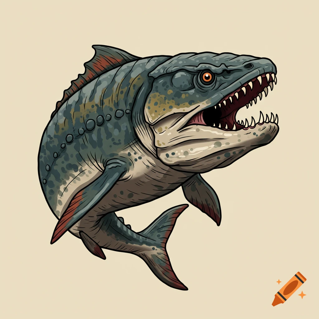 A Dunkleosteus fish illustrated in traditional tattoo style