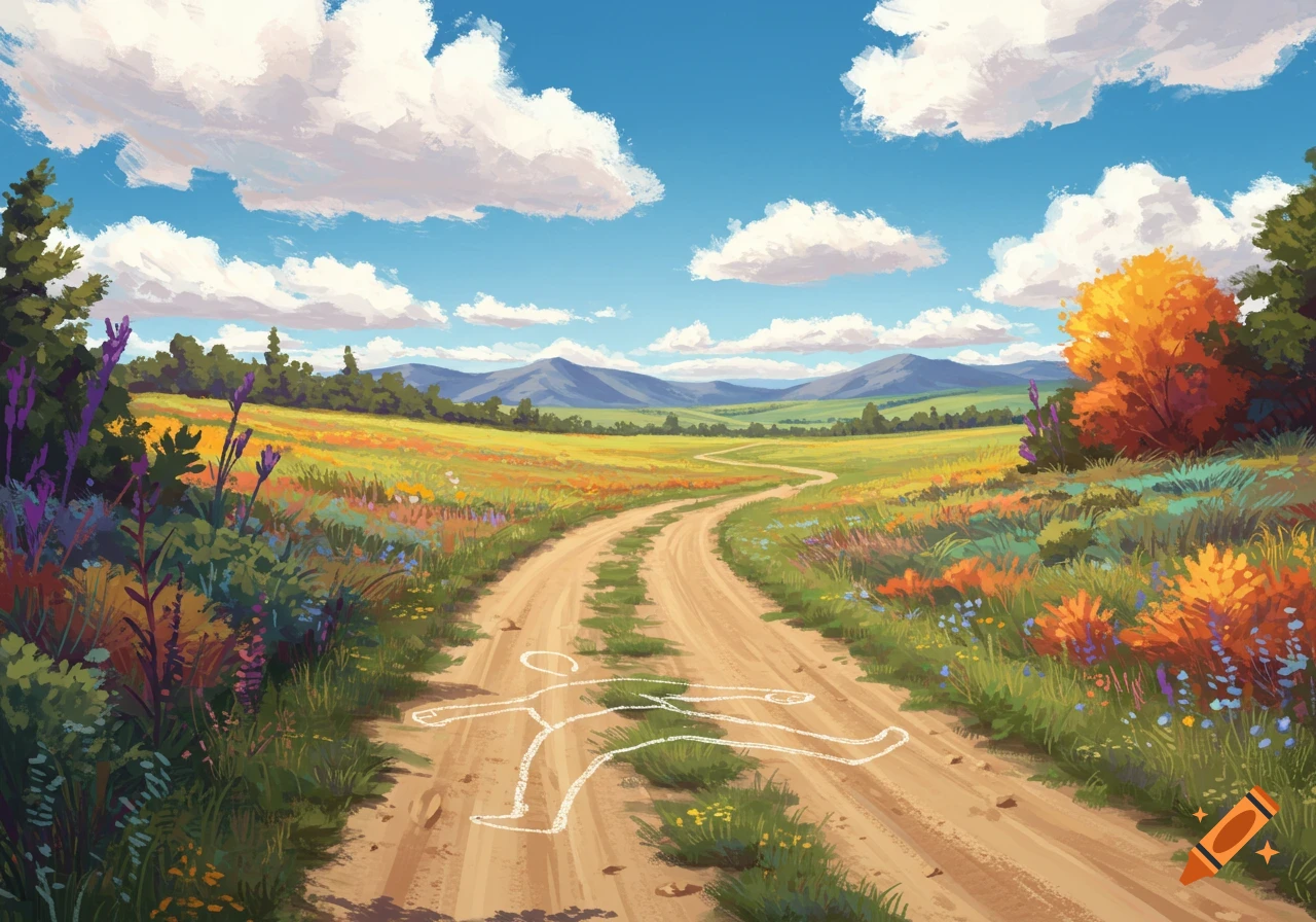 A dirt road through a sunny landscape with wildflowers, mountains, clouds, and a chalk body outline on the road.