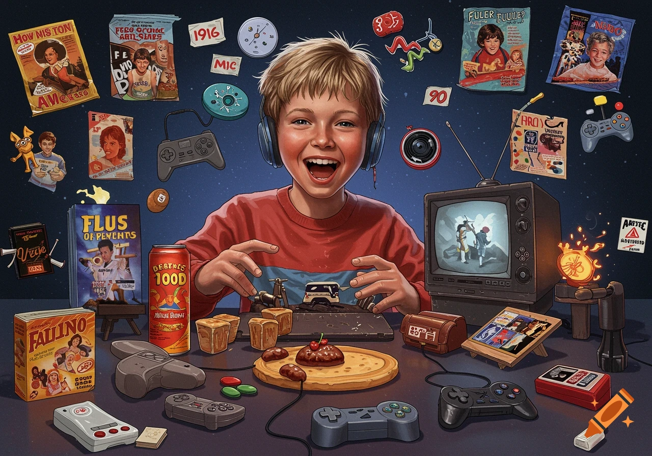 Illustration of a happy child surrounded by 1990s video games, magazines, TV, and toys.