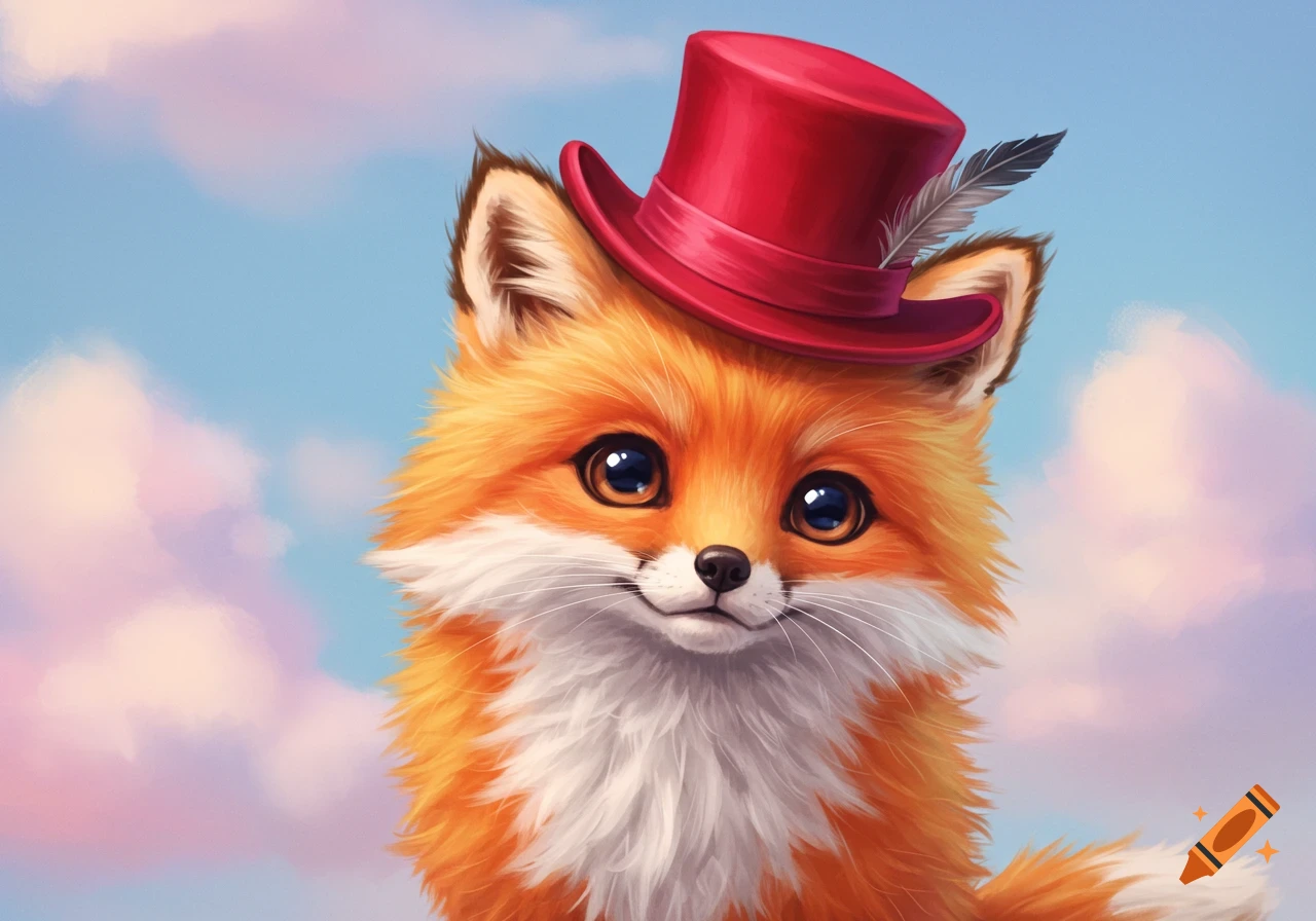 A cute fox wearing a red top hat against a cloudy sky.