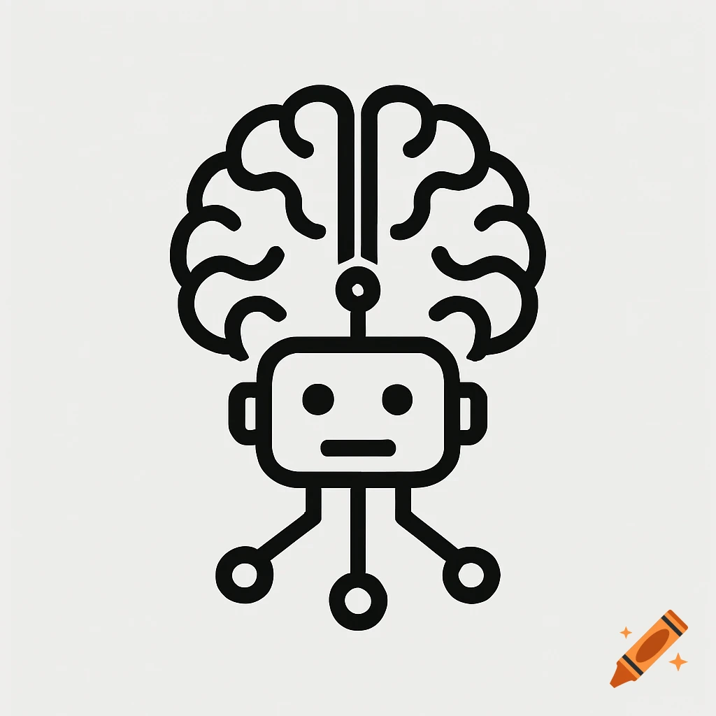 Black and white line art icon of a robot head connected to a brain.