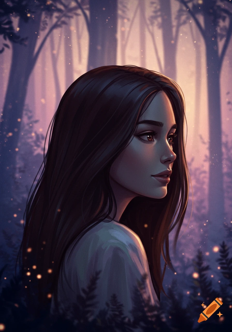 A woman with long dark hair looks to the right within a fantasy forest.
