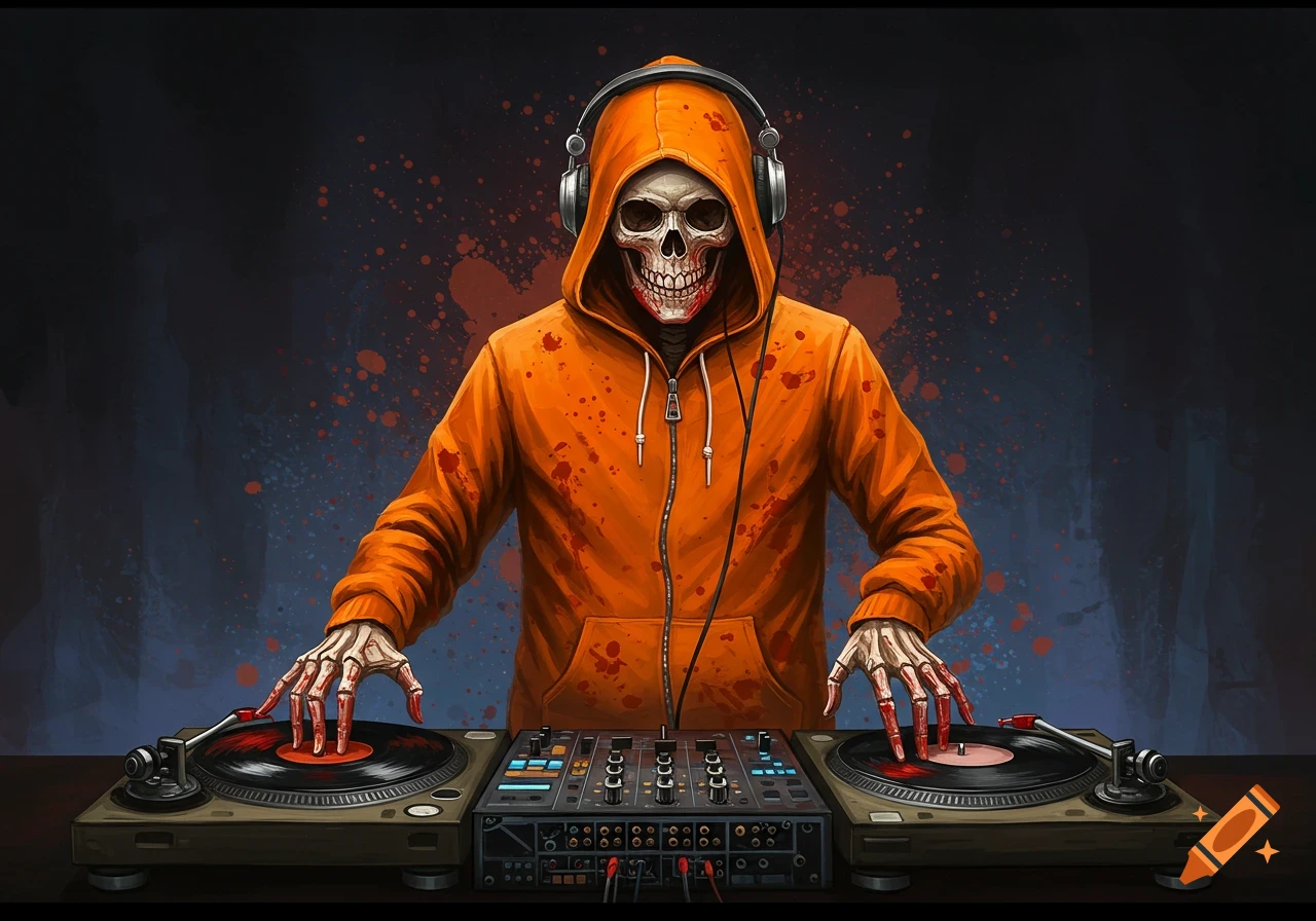 A skeleton DJ in an orange hoodie with blood spatter mixes records on turntables.