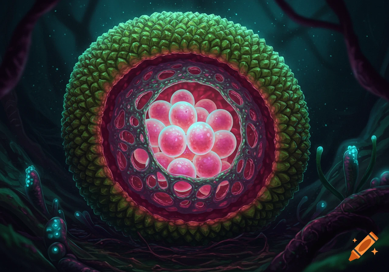 An alien egg sac inspired by a jackfruit, featuring a textured green exterior and glowing pink internal spheres.