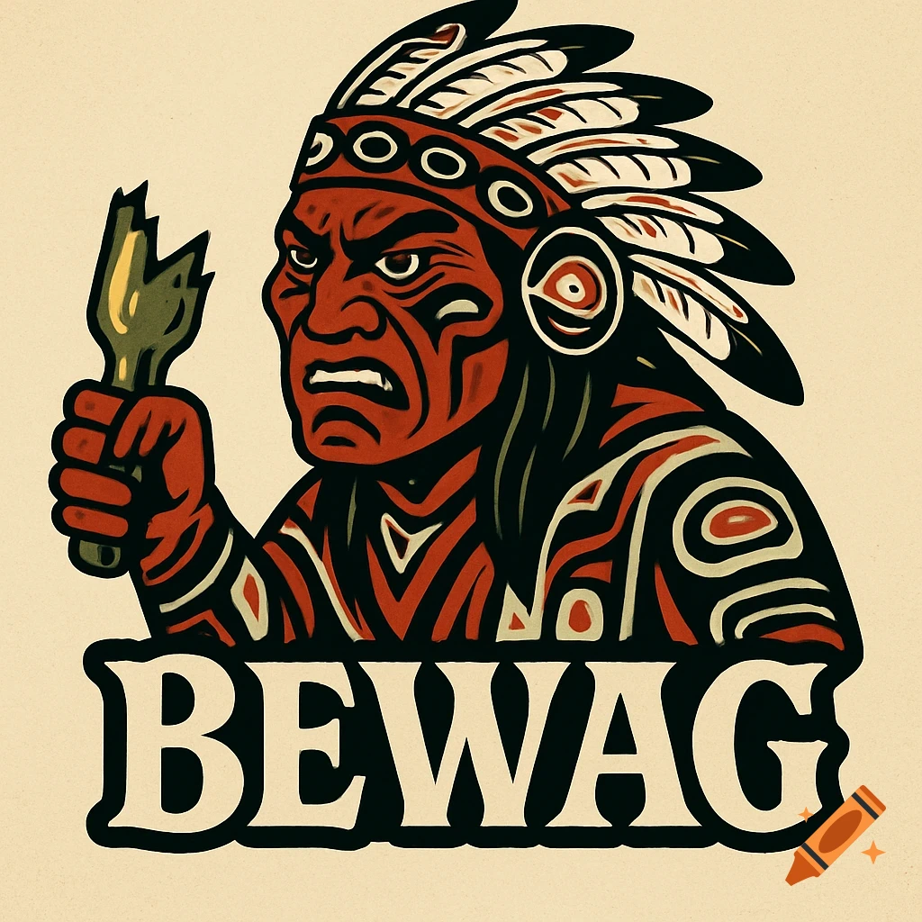 Stylized illustration of a fierce Native American warrior holding a broken bottle, with 'BEWAG' text below, in a logo style.