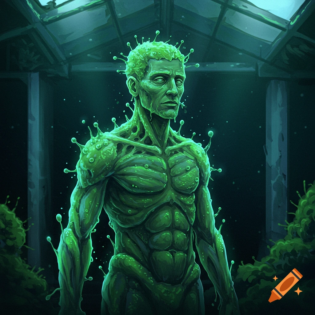 A green humanoid figure made of mold stands in a dark, derelict structure.