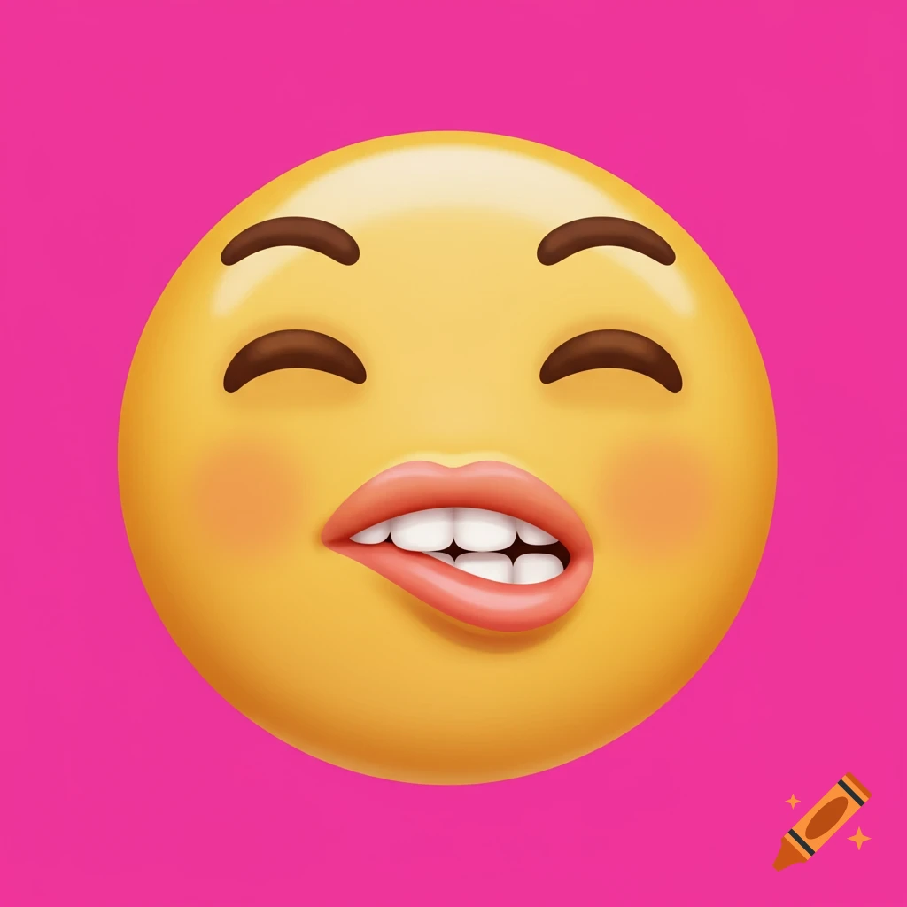 A yellow emoji face bites its lip on a pink background.